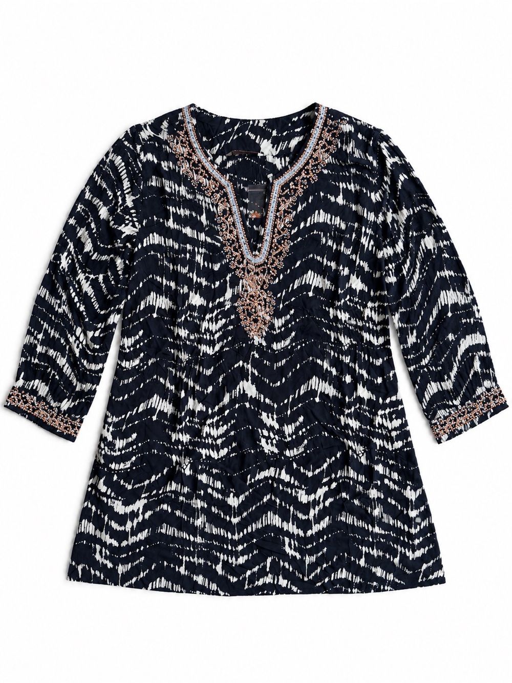 Soft Surroundings Kira Beaded Ikat Tunic Top Navy White Size Medium